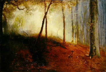 Hjorte i et skov (olie på panel)