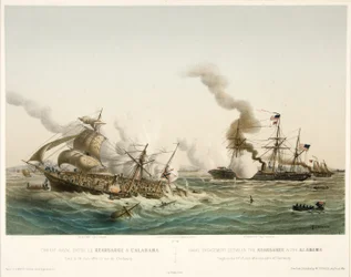 Combat Naval entre le Kearsage & l?Alabama,pub. 1864 (farvelitografi)