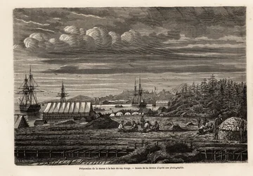 Tilberedning af torsk ved bugten Cap Rouge, rensning af fisk og indsamling af lever for at udvinde olie fra strejken, derefter saltning i kabinen på pæle, tegnet af Lebreton, for at illustrere rejsen til Newfoundland i 1860 af A. de Gobineau. Indgravering 