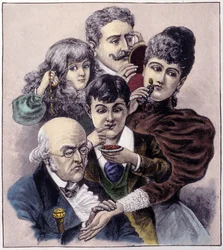 Repræsentation af de fem sanser (berøring, hørelse, lugt, smag og syn) af Louis Leopold Bailly. Stik fra 1894.