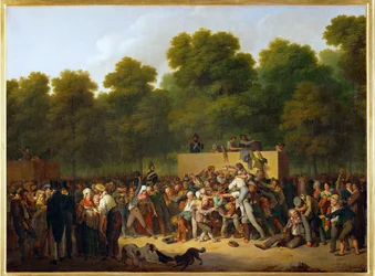 Uddeling af vin og madvarer på Champs Elysees (maleri på lærred)