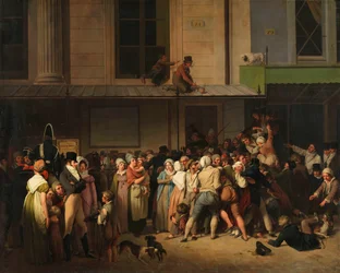 Indgangen til Théâtre de lAmbigu-Comique på dagen for et gratis show, ca 1819.