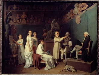 Billedhugger Jean Baptiste Houdons værksted (1741-1828). Billedhuggerens model var matematikeren Pierre-Simon Laplace (1749-1827) Marquis de Laplace i nærværelse af hans kone og døtre. Maleri af Louis Leopold Boilly (1761-1845) 1804 Paris, De
