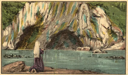 Jomfru Marias tilsynekomst i Lourdes - Jomfruen viser sig for Bernadette Soubirous (1844-1879) i Lourdes i 1858 - - Indgravering fra “” Religiøs lære ved øjnene. Wonderful Album” af Louis Maitrejean og Georget Ramond - Frankrig 1910