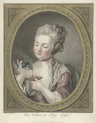 Buste af en ung kvinde, der drikker kaffe The Woman ta King Coffee (titel på objekt)