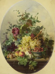 Stilleben med frugter og blomster