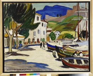 Både på kajen et Cassis-maleri af Louis Mathieu Verdilhan (1875-1928) 1908 Obligatorisk omtale: Collection fondation regards de Provence, Marseille