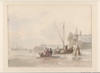 Strandscene med fiskere ved en båd i forgrunden