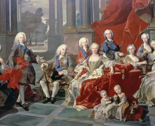131 0794093/1 Familien til Philip V af Spanien (1683-1746) detaljer, der skildrer kongen, hans anden kone Elizabeth Farnese og den fremtidige Ferdinand VI