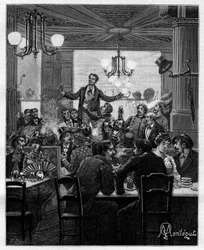 I midten, på et bord, fører Desroches charivarien. Scene i en parisisk cafe: folk synger, drikker, ryger, chatter og flirter rundt om borde. I "" Trento ans de Paris"" selvbiografisk samling af Alphonse Daudet (1840-1897). Gravering efter Montegut