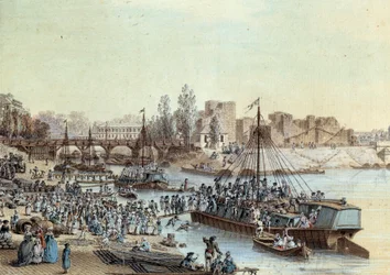 Forsendelse Skibslastede passagerer ankommer til kajen. Tegning af Louis de Lespinasse (1734-1808) 1782. Paris, Musee Carnavalet