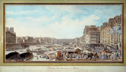 Udsigt over havnen ved hvalen taget fra dengang den gamle Marche aux veaux mod broen Notre-Dame i Paris Akvarel af Louis Nicolas de Lespinasse (1734-1808). 1782. Paris, Musee Carnavalet