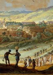 Detalje: "" Udsigt over byen Cape francais (Cap de la Republique) udsigt over bakken i Santo Domingo"" Detalje. Maleri af Louis Nicolas Van Blarenberghe (1716-1794) 1779 La Rochelle, Museum of the New World.