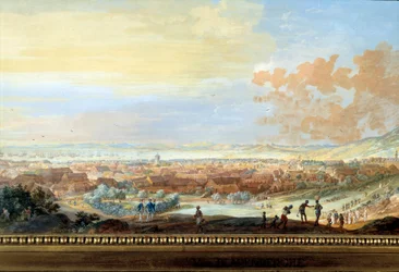 Udsigt over byen Cap francais (Cap de la Republique) udsigt fra bakken i Santo Domingo Detail. Maleri af Louis Nicolas Van Blarenberghe (1716-1794) 1779 La Rochelle, Museum of the New World.