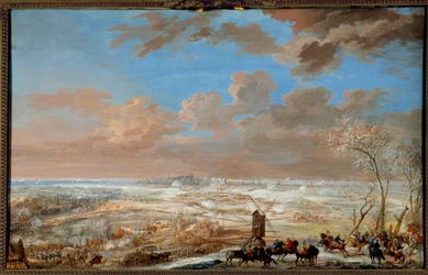 Østrigs arvefølgekrig (1741-1748): "" Belejring af Bruxelles under sneen af Sachsens marechal fra 7. til 20. februar 1746"" Gouache af Louis Nicolas Van Blarenberghe (1716-1794) 1781 Søn. 0,59x0,94 m Versailles, slottets museum