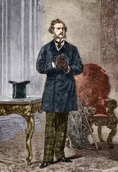 Portræt af Phileas Fogg, en figur fra Jules Vernes eventyrroman «Jorden rundt i 80 dage», illustreret af Louis Paul Pierre Dumont (1822-1882), 1872
