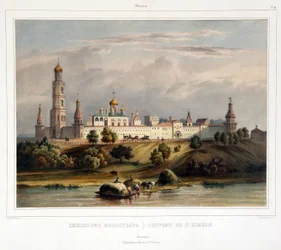 Klosteret Saint Simon (Simeon), Moskva (Udsigt over Simonov-klosteret i Moskva). Værk af Louis Pierre Alphonse Bichebois (1801-1850), indgravering farvet i akvarel, begyndelsen af ​​det 19. århundrede. Fransk kunst, landskab, klassicisme. Statens Museum fo