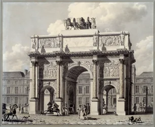 Udsigt over karrusellens triumfbue i Paris. Tegning i pen og blæk med vask af Pierre Louis Balard (1764 - 1846)