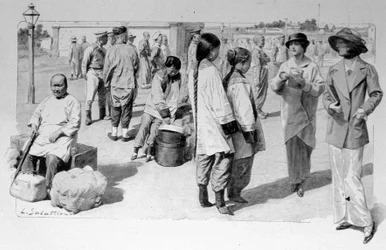 Kinesiske og europæiske rejsende fra Transsibirien under et mellemlanding. 1913. Ill. de Sabatier