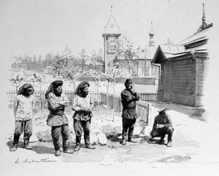 Bønderne i en lille russisk landsby med et myggenet i ansigtet og en togstation i det transsibiriske. 1913. Ill. de Sabatier
