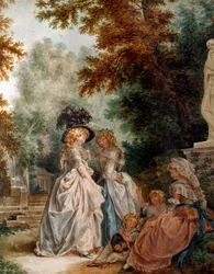 Gå i parken Elegante unge kvinder under et øjebliks afslapning i en have. Akvarel af Louis Trinquesse (1746-1800) 1700-tallet. Paris, Musée Carnavalet