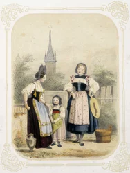 To kvinder og en pige i Schweiz - i "" Album du jeune voyageur", illustreret af Louis Lassalle