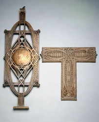 En kobberbelagt støbejerns trappebaluster og et kobberbelagt metal dekorativt panel, ca. 1894 (kobberbelagt støbejern, kobberbelagt metal)