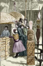 Verdensudstilling 1889 - Canaque-landsbyen ved Esplanade des Invalides (Canaques udstillet under udstillingen: Human Zoo) - Tegning af Louis Tinayre (1861-1942) - i "" Le Monde Illustré""" af 22/07/1889.