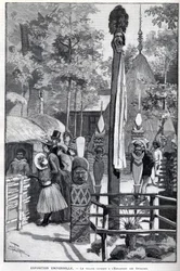 Exposition Universelle 1889 - Canaque-landsbyen ved Esplanade des Invalides (kanakerne udstillet under udstillingen: Zoo Humane). Tegning af Louis Tinayre (1861-1942) - i "" The Illustrous World"" af 22/07/1889.