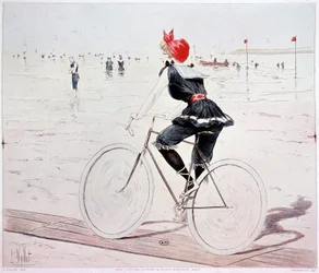 Kvinde på cykel på stranden - tegning af L. Vallet