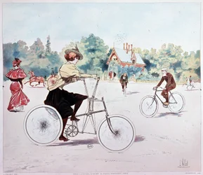 Kvinde på cykel - tegning af L. Vallet