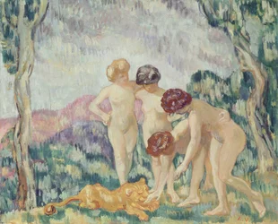 Unge piger leger med en løveunge, ca. 1905-06 (olie på lærred)