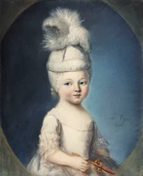 Portræt af Marquis de Fleury som et spædbarn i en polstret hat, med en fane, der holder en rangle til tænder af guld og koraller, 1762