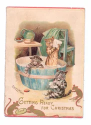 Et victoriansk julekort med to katte i et badekar, mens to mus leger med et stykke sæbe, ca. 1880