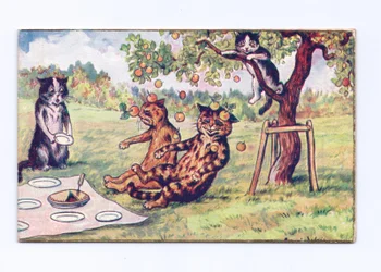 Et victoriansk lykønskningskort med et æble, der falder på to katte på en picnic, ca. 1880