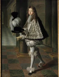 Portræt en pied af Louis Alexandre de Bourbon, greve af Toulouse i novicedragt af Helligånden (Helligåndens orden) (1678-1737), legitim søn af Louis XIV og Francoise Athenais (Francoise-Athenais) af Rochechouart Mortemart, Marquise af Mont