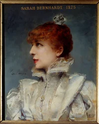 Portræt af Henriette Rosine Bernard dit Sarah Bernhardt (1844-1923) Society of the Comedie Francaise. Maleri af Louise Abbema (1858-1927)