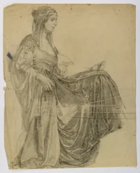 Uden titel (siddende draperet kvindefigur, profil)
