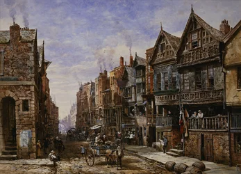 Chester: Watergate Street fra hjørnet af Crook Street, med Eastgate Beyond,