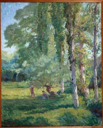 Par på græsset under en poppel Maleri af Loys Prat (1879-1934), 20. århundrede. Olie på lærred. Donzere, Rådhus.