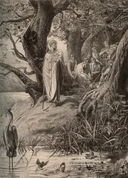 Fiskerfuglenes undskyldning, fortalt af Saint Martin til indbyggerne ved bredden af Loire - gravering af Luc Olivier Merson (1846-1920)