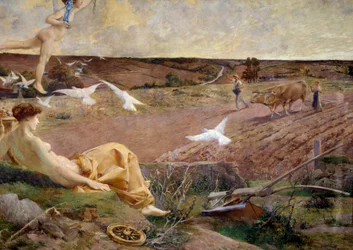Fortuna, allegorisk fremstilling af overflod og frugtbarhed. En bonde pløjer sin mark i baggrunden. Detalje. Maleri maroufleret på puds af Luc Olivier Merson (1846-1920), 1901. H. 2,22 x 2,9 m, Paris, Musée d’Orsay