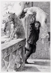 Quasimodo bortfører Esmeralda - i «Notre-Dame de Paris» af Victor Hugo, af Luc-Olivier Merson, graveret af Gery Bichard, udg. E. Testard, Paris