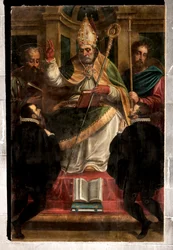 Genova, Duomo (St. Lawrence Cathedral): "St. Gotthard mellem St. Paul og St. James og to knælende hengivne" (1571), af Luca Cambiaso (med genmalerier af Carlo Giuseppe Ratti)