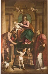Genova, Duomo (St Lawrence Cathedral), Inside, Baptistery (tidligere Church of St John the Old): "Madonna og barn mellem St. John the Baptist og St Lawrence", af Luca Cambiaso, Oljemaleri på panel