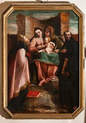 Genova, Duomo (St. Lawrence Cathedral), indeni, Baptistery (tidligere Church of St John the Old): "Madonna og barn blandt St Anne, St Nicholas of Bari og St Nicholas of Tolentino", af Luca Cambiaso