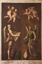 Genova, Duomo (St. Lawrence Cathedral), sakristi, kapel: "Engle med biskoppelige insignier, bøger og palmegrene", af Luca Cambiaso, omkring 1580