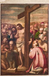 Genova, Duomo (St. Lawrence Cathedral), sakristi, kapel: "Eukaristiske Kristus tilbedt af hellige", af Luca Cambiaso, omkring 1580