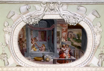 Scener af bad, forførelse. Fresco af Luca Cambiaso (1527-1585)