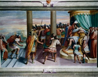The Rape of Sabine (1500-tallet), af Luca Cambiaso (1527-1585), fresco, Villa Imperiale, Genova, Ligurien, Italien Detalje